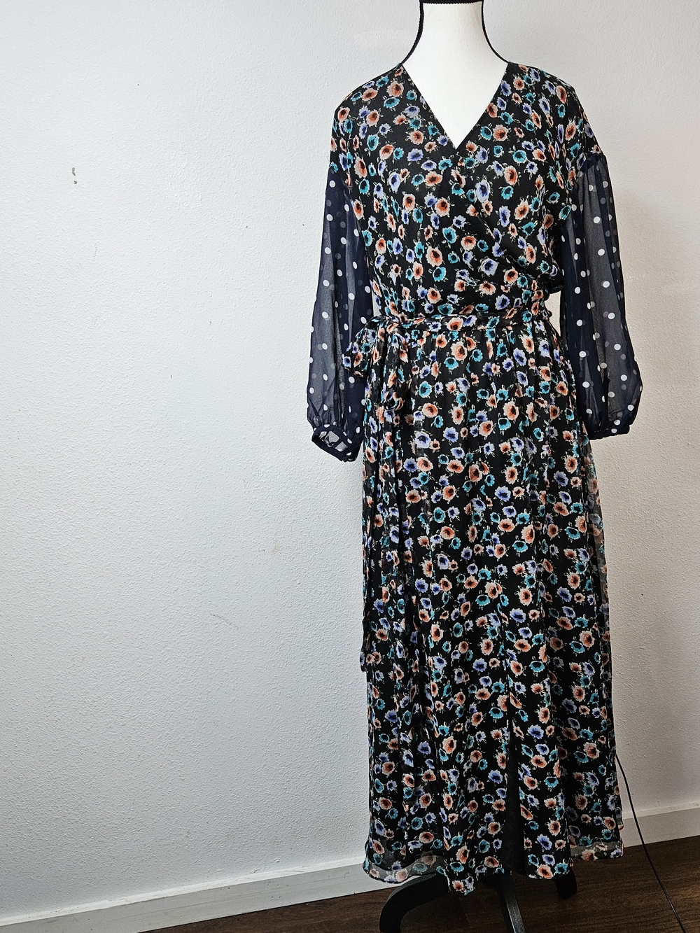 Jason Wu Silk Floral Faux Wrap Midi Dress in Black with Sheer Polka Dot Sleeves